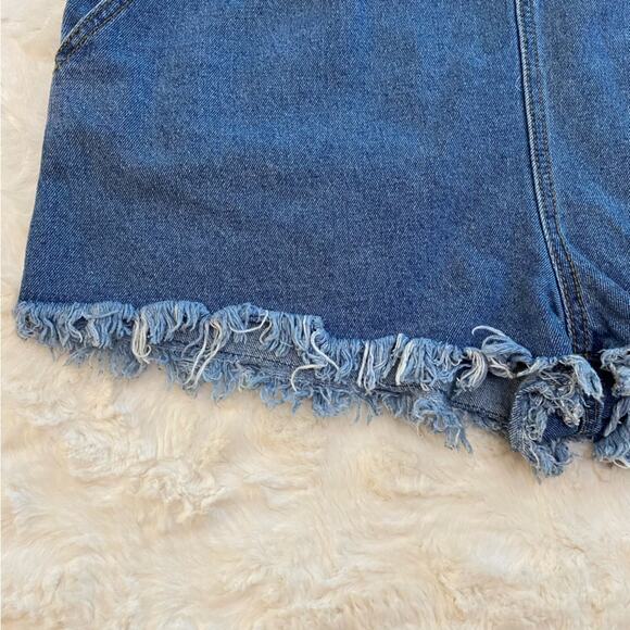 Forever 21 Women's Jean Denim Overall Shorts Romper Size Large Tie Waist Raw Hem - Picture 6 of 13